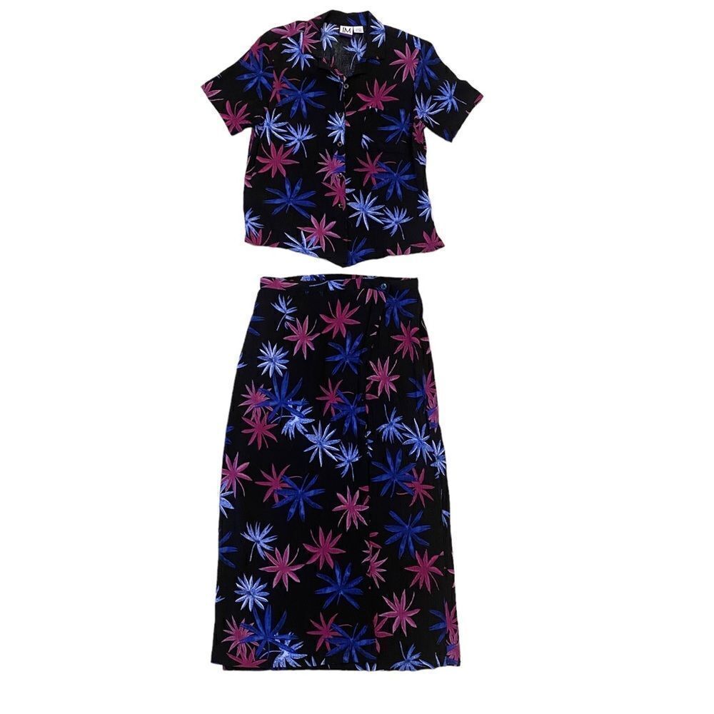 Vintage Two Piece Tropical Floral Black Vacation Button Front Fo Slit Maxi Dress